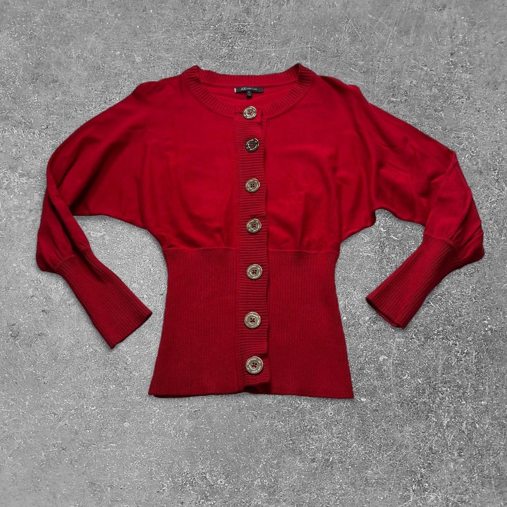 Anne Klein Red Button Up Cardigan Silver Logo Buttons Dolman Sleeve Petite PP
